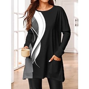 Women's T shirt Tee Geometric Black White Print Pocket Long Sleeve Daily Weekend Fashion Round Neck Regular Fit Spring   Fall Lightinthebox