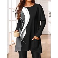 Women's T shirt Tee Geometric Black White Print Pocket Long Sleeve Daily Weekend Fashion Round Neck Regular Fit Spring   Fall Lightinthebox - thumbnail