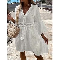 Women's Casual Dress Lace Dress Summer Dress Plain Lace Patchwork V Neck Mini Dress Fashion Modern Daily Holiday 34 Length Sleeve Loose Fit White Summer Spring S M L XL XXL Lightinthebox - thumbnail