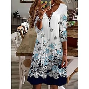 Women's Casual Dress Shift Dress Green White Long Sleeve Floral Zipper Print Winter Fall V Neck Stylish Casual Fall Dress 2022 S M L XL 2XL 3XL 4XL 5XL 6XL / Winter Dress miniinthebox