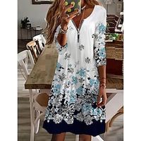 Women's Casual Dress Shift Dress Green White Long Sleeve Floral Zipper Print Winter Fall V Neck Stylish Casual Fall Dress 2022 S M L XL 2XL 3XL 4XL 5XL 6XL / Winter Dress miniinthebox - thumbnail