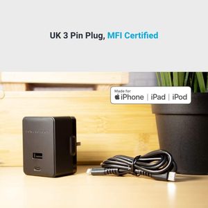 Powerology Dual Port Wall Charger 30W USB 2.4A+ PD 18W with Type-C to Mfi Lighting Cable 1.2M - Black