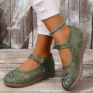 Women's Flats Slip-Ons Canvas Shoes Comfort Shoes Animal Print Canvas Shoes Work Daily Summer Flower Flat Heel Round Toe Elegant Casual Comfort Canvas Loafer Floral Embroidered Green Beige Lightinthebox