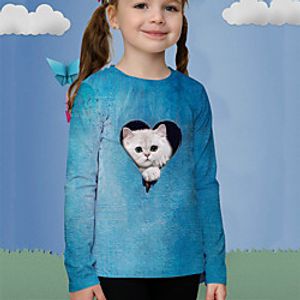 Kids Girls' T shirt Long Sleeve 3D Print Cat Animal Blue Children Tops Fall Active Regular Fit 4-12 Years Lightinthebox