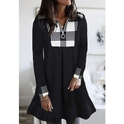 Women's Casual Dress T Shirt Dress Tee Dress Black Long Sleeve Plaid Ruched Zipper Print Winter Fall Shirt Collar Casual Modern Fall Dress 2022 S M L XL XXL 3XL / Winter Dress miniinthebox