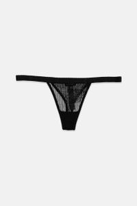 Womens Embroidered Pull On Thong  Black