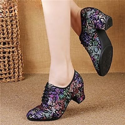 Women's Latin Shoes Modern Shoes Line Dance Performance Training Party Floral Fashion Party / Evening Professional Low Heel Black miniinthebox