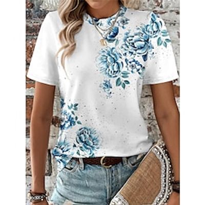 Women's T shirt Tee Floral Pink Blue Purple Print Short Sleeve Daily Weekend Fashion Round Neck Regular Fit Summer Lightinthebox