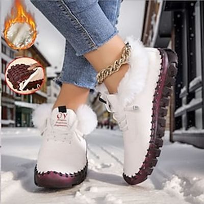 Women's Sneakers Flats Plus Size Handmade Shoes Outdoor Daily Fleece Lined Winter Flat Heel Round Toe Plush Casual Comfort Walking PU Lace-up Solid Color Black Red Brown Lightinthebox