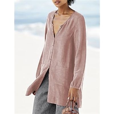 Women's Shirt Blouse Black Pink Red Plain Pocket Long Sleeve Daily Weekend Streetwear Casual V Neck Regular Cotton S miniinthebox