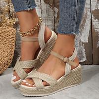 Women's Sandals Wedge Sandals Daily Wedge Round Toe Casual Linen Ankle Strap Black Beige Lightinthebox