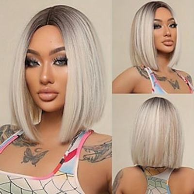 Ombre Platinum Blonde Short Straight Wig - Heat Resistant Synthetic Hair Replacement for Daily Cosplay and Party Wear Lightinthebox