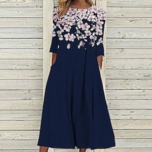 Women's Casual Dress Shift Dress Midi Dress Navy Blue 3/4 Length Sleeve Floral Ruched Summer Spring Round Neck Vacation 2023 S M L XL XXL 3XL miniinthebox