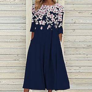 Women's Casual Dress Shift Dress Midi Dress Navy Blue 3/4 Length Sleeve Floral Ruched Summer Spring Round Neck Vacation 2023 S M L XL XXL 3XL miniinthebox