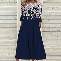 Women's Casual Dress Shift Dress Midi Dress Navy Blue 3/4 Length Sleeve Floral Ruched Summer Spring Round Neck Vacation 2023 S M L XL XXL 3XL miniinthebox - thumbnail