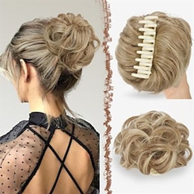 Claw Clip Messy Bun Hair Piece Hair Buns Mixed Blonde and Ash Blonde Tips Curly Wavy Hairpieces Updos Synthetic Chignon Hair Scrunchies Hair Bun Hair Pieces for Women 1PCS miniinthebox