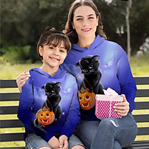 Mommy and Me Halloween Tops Cat Pumpkin Animal Print Blue Long Sleeve Daily Matching Outfits miniinthebox