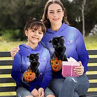 Mommy and Me Halloween Tops Cat Pumpkin Animal Print Blue Long Sleeve Daily Matching Outfits miniinthebox - thumbnail
