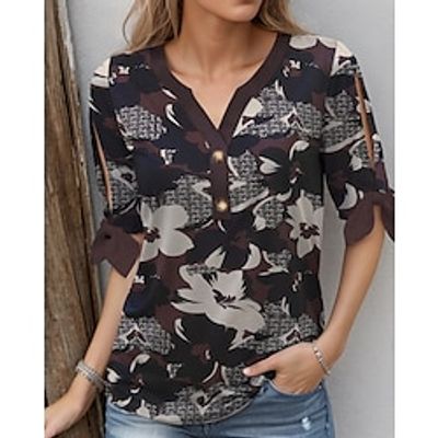 Women's T shirt Tee Henley Shirt Floral Blue Brown Green Print Button Cut Out Short Sleeve Casual Holiday Fashion V Neck Regular Fit Spring  Summer Lightinthebox
