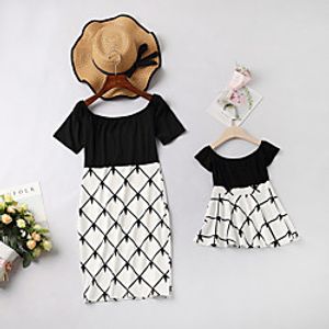 Mommy and Me Dresses Plaid Print Black Navy Blue Half Sleeve Knee-length Daily Matching Outfits miniinthebox