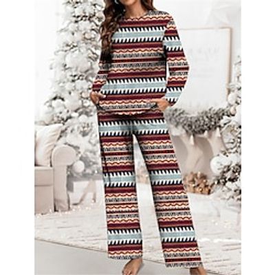 Women's Christmas Pajamas Sets Geometic Color Combo Warm Retro Comfort Home Christmas Daily Polyester Gift Crew Neck Long Sleeve T shirt Tee Fall Winter Yellow Blue Lightinthebox