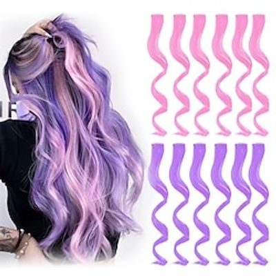 Colored Clip in Hair Extensions 12 Pieces Streak for Women Kids Girls 16 Inch Wavy Curly Party Highlights miniinthebox