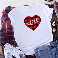 Women's Valentine's Day Couple T shirt Plaid Graphic Color Block Print Round Neck Basic Tops 100% Cotton White Black Pink miniinthebox - thumbnail