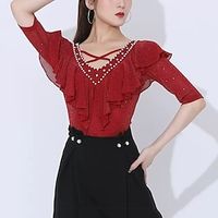 Ballroom Latin Dance Top  Rhinestone Pearls Ruffles Women's Performance Training V Neck Modern  Waltz Dancewear Costumes Lightinthebox - thumbnail