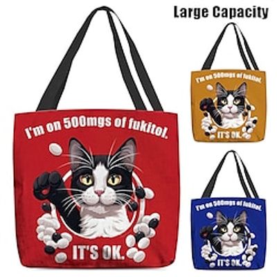 Women's Tote Shoulder Bag Canvas Tote Bag Polyester Shopping Daily Holiday Print Large Capacity Foldable Lightweight Cat Letter Yellow Red Blue Lightinthebox Women's Tote Shoulder Bag Canvas Tote Bag Polyester Shopping Daily Holiday Print Large Capacity Foldable Lightweight Cat Letter Yellow Red Blue Lightinthebox
