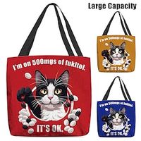 Women's Tote Shoulder Bag Canvas Tote Bag Polyester Shopping Daily Holiday Print Large Capacity Foldable Lightweight Cat Letter Yellow Red Blue Lightinthebox - thumbnail