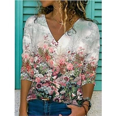Women's T shirt Tee Rainbow Flower Patchwork Print Long Sleeve Casual Daily Basic V Neck Regular S miniinthebox
