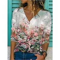 Women's T shirt Tee Rainbow Flower Patchwork Print Long Sleeve Casual Daily Basic V Neck Regular S miniinthebox - thumbnail