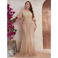 A-Line Wedding Guest Dresses Sparkle  Shine Dress Formal Sweep  Brush Train Half Sleeve Off Shoulder Polyester with Beading 2023 Lightinthebox - thumbnail