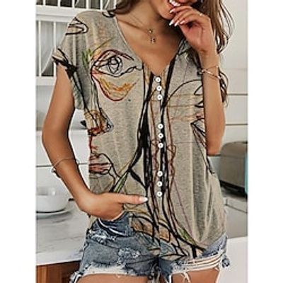 Women's Shirt Blouse Yellow Abstract Portrait Button Print Short Sleeve Casual Basic V Neck Regular Portrait S miniinthebox