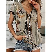 Women's Shirt Blouse Yellow Abstract Portrait Button Print Short Sleeve Casual Basic V Neck Regular Portrait S miniinthebox - thumbnail