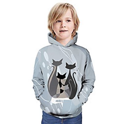 Kids Boys' Hoodie  Sweatshirt Long Sleeve Cat 3D Print Animal Print Light Blue Children Tops Summer Active Daily Wear Regular Fit 3-13 Years miniinthebox