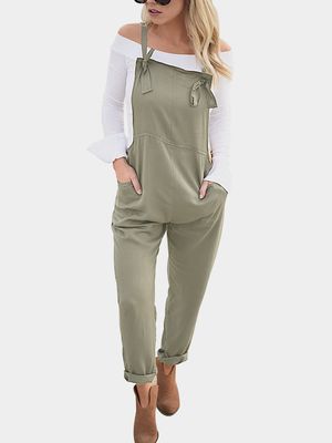 Khaki Square Neck Sleeveless Overall Outfits Khaki Square Neck Sleeveless Overall Outfits