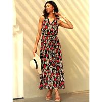 Women's Black Dress Floral Ruched Print V Neck Long Dress Maxi Dress Tropical Hawaiian Party Date Sleeveless Summer Lightinthebox