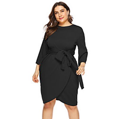 Women's Sheath Dress Knee Length Dress Black 3/4 Length Sleeve Solid Color Patchwork Fall Spring Round Neck Elegant 2021 L XL XXL 3XL 4XL / Plus Size miniinthebox