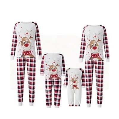 Family Christmas Pajamas Animal Plaid Home Print Beige Long Sleeve Mommy And Me Outfits Active Matching Outfits Lightinthebox