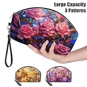 Women's Makeup Bag Pen Bag Wristlet Cosmetic Bag PU Leather Daily Holiday Travel Print Large Capacity Lightweight Durable Rose Flower Yellow Pink Purple Lightinthebox