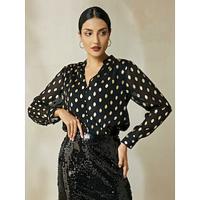 Chiffon Polka Dot Juliet Sleeve Collared Blouse - thumbnail