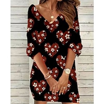 Women's Sweatshirt Dress Shift Dress Mini Dress Black Yellow Red 3/4 Length Sleeve Graphic Print Winter Fall Spring V Neck Fashion Vacation Weekend 2022 S M L XL 2XL 3XL miniinthebox