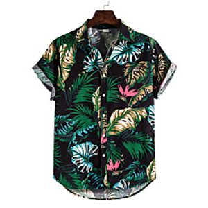 Men's Shirt Palm Leaf Button-Down Short Sleeve Casual Tops Cotton Casual Fashion Hawaiian Breathable Black miniinthebox