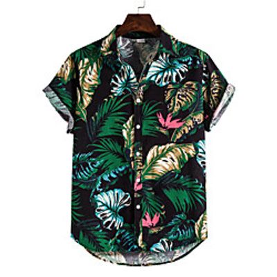 Men's Shirt Palm Leaf Button-Down Short Sleeve Casual Tops Cotton Casual Fashion Hawaiian Breathable Black miniinthebox