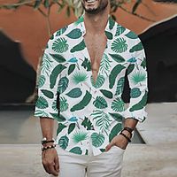 Men's Shirt 3D Print Leaves Turndown Daily Holiday 3D Print Button-Down Long Sleeve Tops Casual Fashion Breathable Green miniinthebox - thumbnail