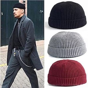 Men's Beanie Hat Fisherman Beanie Trawler Beanie Watch Cap Black White Knit Skull Caps Skullies  Beanies Roll up Edge Outdoor Vacation Plain Warm miniinthebox