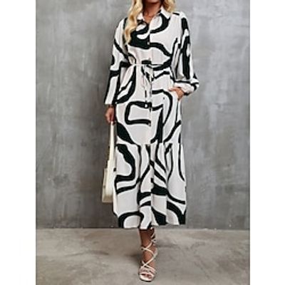 Women's Shirt Dress Casual Dress Maxi long Dress Outdoor Daily Vacation Polyester Casual Shirt Collar Print Long Sleeve Fall Winter 2023 Loose Fit Black Green Flower S M L XL Lightinthebox