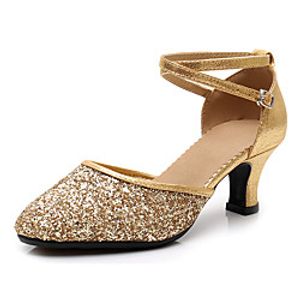 Women's Latin Shoes Heel Paillette Thick Heel Round Toe Dark Red Black Gold Buckle Adults' Sequins miniinthebox
