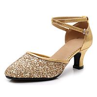 Women's Latin Shoes Heel Paillette Thick Heel Round Toe Dark Red Black Gold Buckle Adults' Sequins miniinthebox - thumbnail
